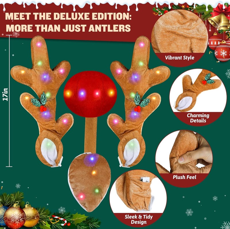 Angooni Christmas Car Decoration with Colorful LED Car Kit - 17 Inch Reindeer Antlers with Ears, Red Nose, and Tail - Exterior Accessories for Cars, Trucks, Jeeps, SUVs - Image 3